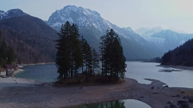 Aerial view of Lago del Predil, Friuli Venezia Giulia, Italy