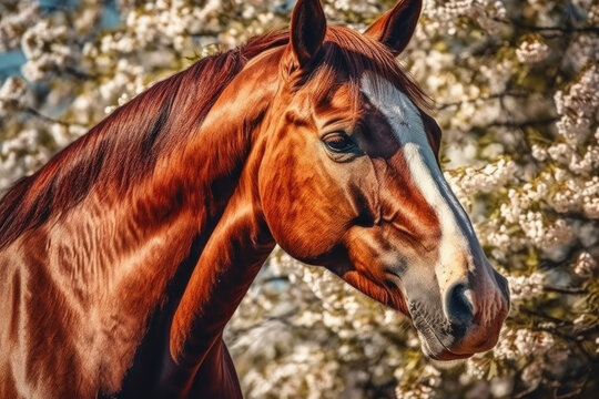 Horse enjoying spring. Generative AI