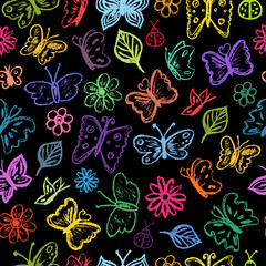 Butterfly pattern children drawling style. Colorful bright background. Crayons style icon on white backdrop. Butterfly, ladybug, ladybird, flowers, leaves. Seamless texture with hand drawn elements.
