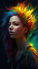 Beautiful Woman Emerging from Splashing Multi-Color Oil Paint. Generative AI