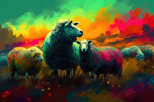 Flock of sheep on green grass. Generative AI © Andrii 