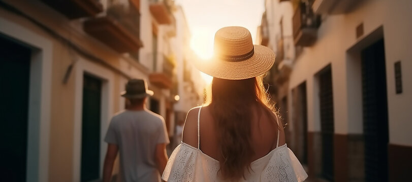 Tourist woman in white sun hat holding her boyfriend by hand and walking in Spain, generative AI tools 