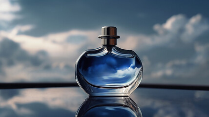 A blue bottle of perfume stands on a mirror surface, which reflects the sky with clouds, generative AI tools