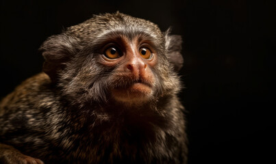 closeup photo of marmoset on black background. Generative AI