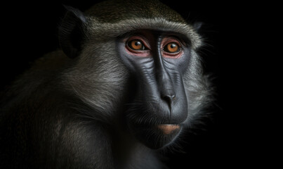 closeup photo of mandrill on black background. Generative AI