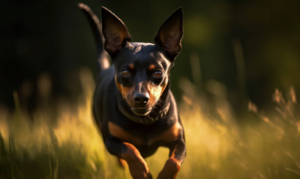 Photo of Miniature Pinscher, captured in motion as it energetically chases after a ball in a grassy park. The image showcases the breed's playful and athletic nature. Generative AI