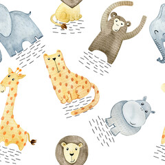 Watercolor seamless pattern with cute safari animals. Exotic wallpaper for fabric, wrapping paper, etc © Tapilipa