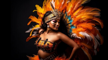 Woman in special feather costume is dancing at studio. Carnival samba, generative ai tools 