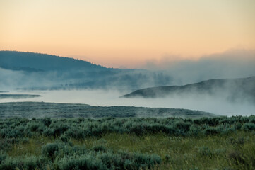 Thick Fog Hangs Over Yellowstone River At Sunrise