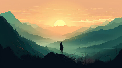 Girl on mountain peak, looking at beautiful mountain valley at sunset in summer, generative ai tools 