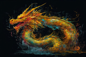 Golden dragon, colorful ink, digital art. Generative AI