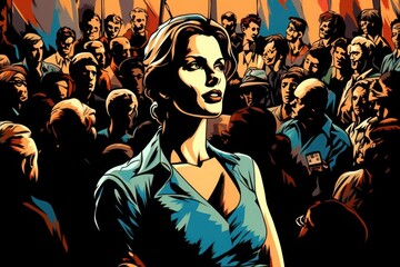 An illustratin of a woman standing in front of a crowd, in the style of vintage comic style. Generated AI.
