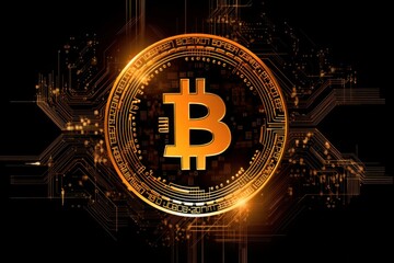 Digital bitcoin with technology background design, in the style of dark gold and light amber. Generated AI.