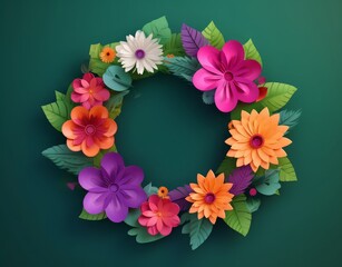 A colorful paper floral wreath on a green background, in the style of realistic, detailed rendering. Generative AI.