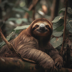 Fototapeta premium Adorable charm of a sloth in its natural habitat. Generative AI