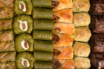 A variety of turkish sweet baklava. Walnut baklava.