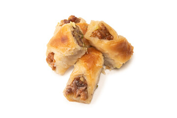 Delicious sweet baklava with walnuts isolated on white background.