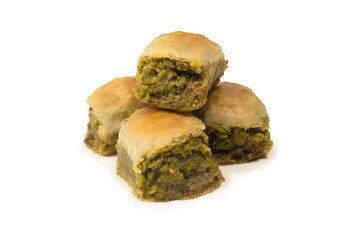Turkish pistachio baklava isolated on white background.