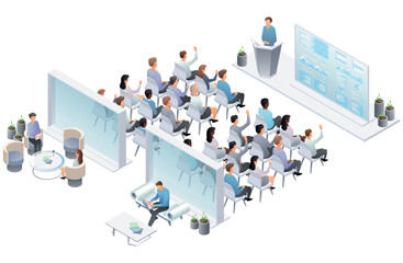 Business presentation, speech. Presentation conference coworking workplace brainstorming and discussion isolated. Indicators and coaching. Vector isometric, 3d