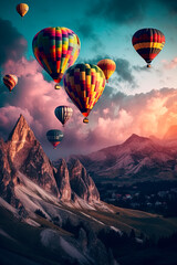 A group of hot air balloons flying over a mountains. Generative AI