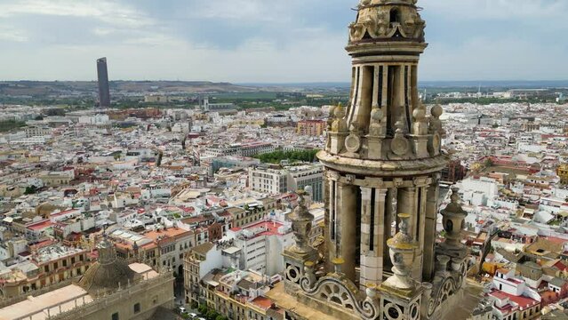 Drone shot of Giralda Tower in Seville, Andalusia, Spain