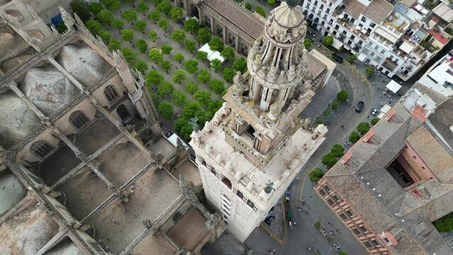 Aerial shot of Giralda Tower in Seville, Andalusia, Spain