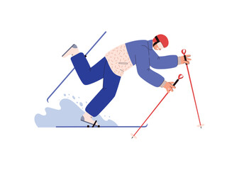 Man falls off skis, flat vector illustration isolated on white background.