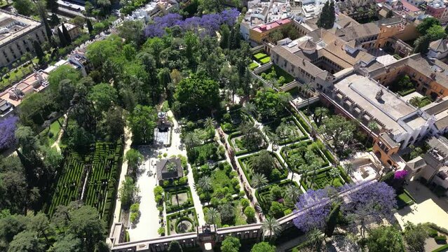 Drone view of Alcazar of Seville (Reales Alcazares de Sevilla), Andalusia, Spain