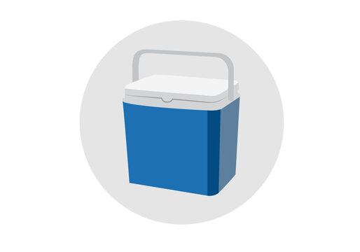 Icono de nevera de camping o port&aacute;til en azul y blanco sobre c&iacute;rculo gris.