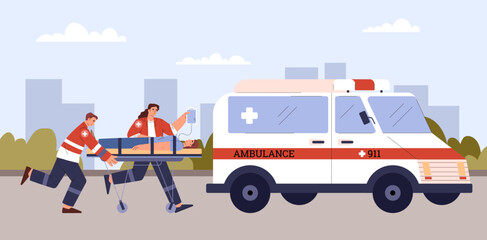Paramedics rushing to ambulance car with patient on stretcher - flat vector illustration. © Kudryavtsev