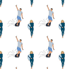 Fototapeta na wymiar Surf girl decorative pattern with people riding on surfboard over waves flat isolated flat illustration on white background.