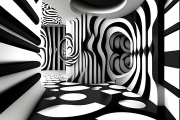 black and white 3D illustration of wall coverings, floor coverings, colors and shapes - generative ai
