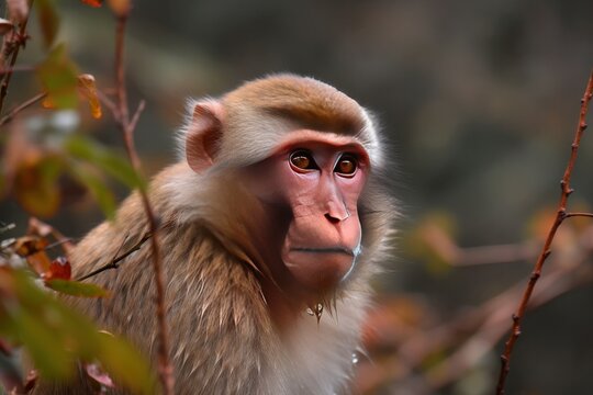 Macaque Monkey in wildlife sitting on a branch tree. High quality photo Generative AI