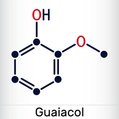 Guaiacol molecule. It is expectorant, disinfectant, plant metabolite. Present in wood smoke. Skeletal chemical formula.