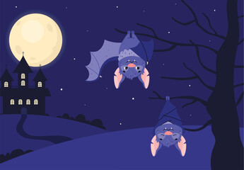 Cute bats sleeping and hanging upside down against the background of the moon and the castle