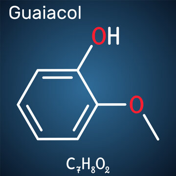Guaiacol molecule. It is expectorant, disinfectant, plant metabolite. Present in wood smoke. Structural chemical formula on the dark blue background.