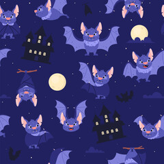 Seamless pattern with funny bats characters for Halloween vector illustration.