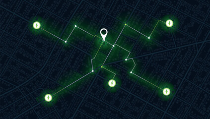 Location tracks dashboard. Path turns and destination tag or mark. Huge city top view. Tracking path and route planning from home to office. Determining location on plan of abstract Isometric city