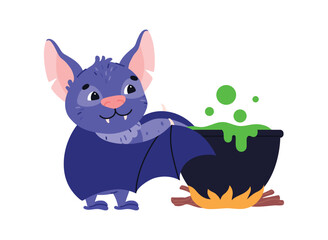 Funny little bat brews potion flat style, vector illustration