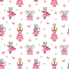 Watercolor seamless pattern. Hand painted illustration of cartoon elephant, panther cat, panda bear, giraffe. Girls in dance studio in pink dress, ballet shoes. Print on white background for textile © Olga Sidelnikova