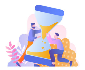 Schedule planning concept. Men turn hourglass. Setting deadlines and tasks, time management and organizing efficient workflow. Colleagues and partners. Cartoon flat vector illustration