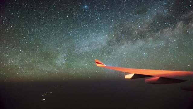 Milky Way timelapse from the airplane window, taken over Africa. Night from the airplane window.