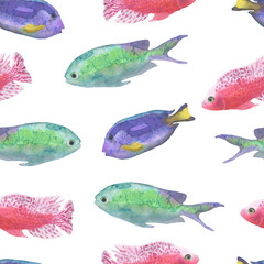 Tropical life nature watercolour seamless pattern clipart floral wall art fish