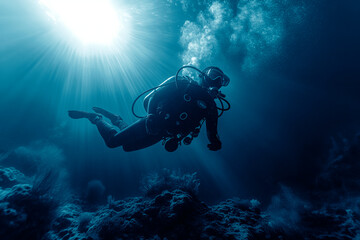 Naklejka na ściany i meble Scuba Diver near the sea bottom of the deep blue ocean. Generative ai edited