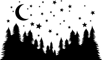 Starry night. Forest, night moon and stars silhouette PNG background. - obrazy, fototapety, plakaty
