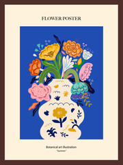 Beautiful flower illustration with decorative colourful bouquets and abstract doodles. Notebook cover. Summer art poster