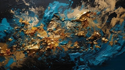 Fototapeta na wymiar Abstract art grunge paint background in deep blue and gold splash texture.