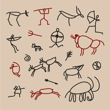 Hand-drawn pattern of cave drawings.Rock painting. Primitive ancient caveman sketch, prehistoric symbols of hunters animals plants and ornaments on stone wall. Vector petroglyph prehistoric drawing. 