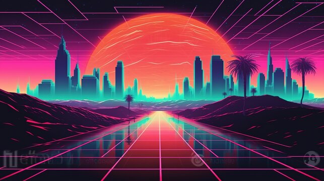 Fototapeta Generative AI, 80s retro futuristic sci-fi., nostalgic 90s. Night and sunset neon colors, cyberpunk vintage illustration. Sun, mountains and palms. Retrowave VJ videogame landscape.