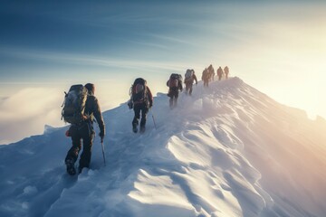 A group of adventurous individuals hiking on a snowy mountain, traversing the breathtaking landscapes and conquering the challenges of nature. Generative AI